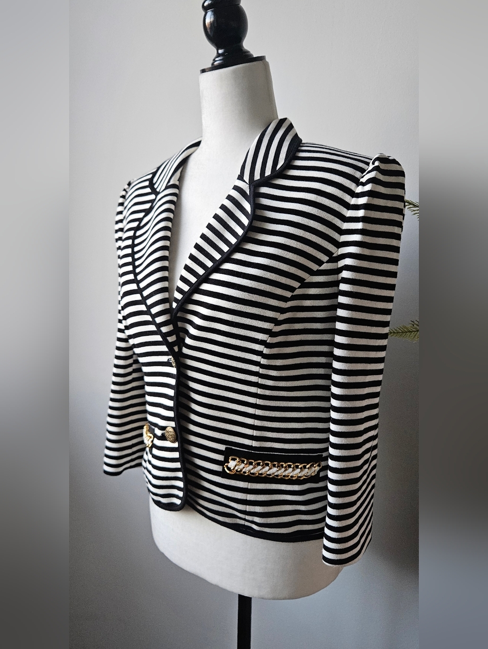 NISSA european Black & White Striped Women's Blazer with Gold Chain Detail